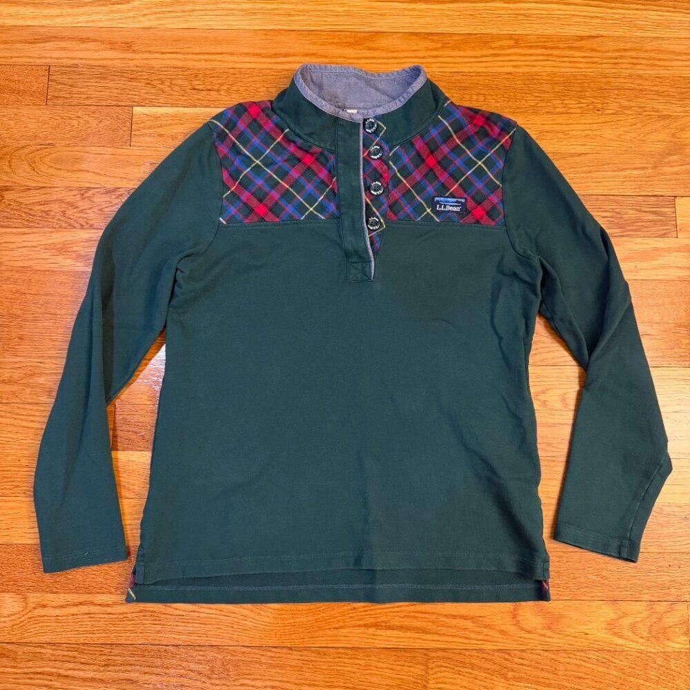 L.L. Bean Green Cotton Henley Pullover Shirt plaid quilted yoke - Size Med *FLAW